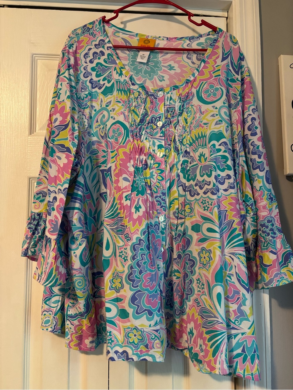 Ruby Rd. Pastel Floral Ruffle Sleeve Tunic - Pink, Blue, Green, Yellow